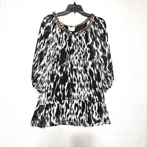 Elegant Chain Neck Animal Print Tunic Top Blk.White/Silver Metallic ECI NY Sz 14